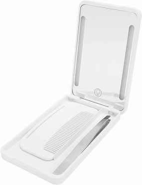 LED Lighted Pocket Mirror, Rechargeable Compact Makeup Mirrorwith Travel Comb, Metal Eyebrow Tweezer & Smart Fill Light for Travel (White)