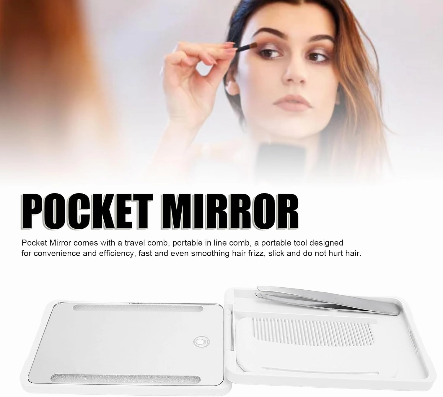LED Lighted Pocket Mirror, Rechargeable Compact Makeup Mirrorwith Travel Comb, Metal Eyebrow Tweezer & Smart Fill Light for Travel (White)