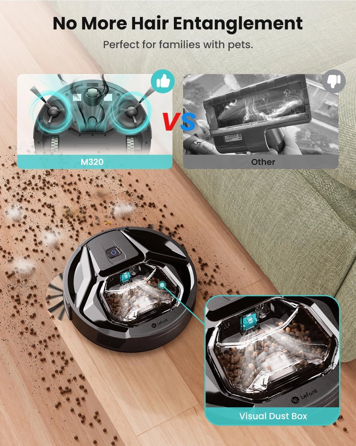 Lefant M320 Robot Vacuum Cleaner, Carpet Detection, 6,000 Pa Suction, Low Noise, 800ml Visible Dustbin, 210 Mins Runtime, Self-Charging, Works with Alexa, Ideal for Hard Floor, Pet Hair, Black