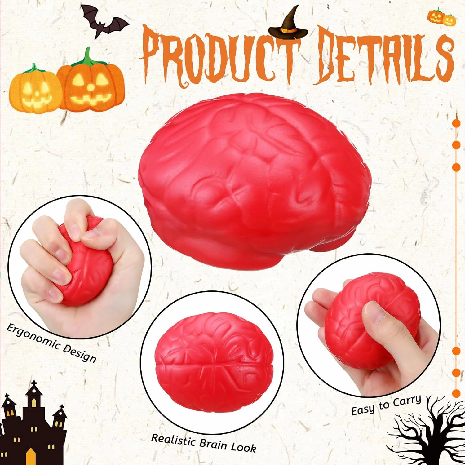 Leitee 12 Pcs Brain Stress Balls Bulk Large Halloween Brain Toys PU Hand Muscle Exercise Pressure Ball Funny Stress Relief Toy for Teens Adult Improving Grip Strength Prop(Red)