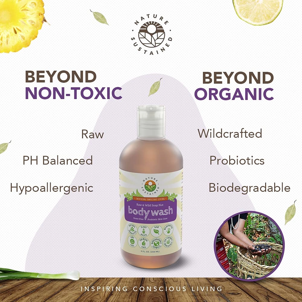 Lemongrass Organic Body Wash - All Natural Probiotic Soothing Skin Care Body Soap & Face Wash - Raw Wildcrafted Hydrating Sulfate Free Mild Bodywash for Sensitive & Dry Skin - 9 Oz