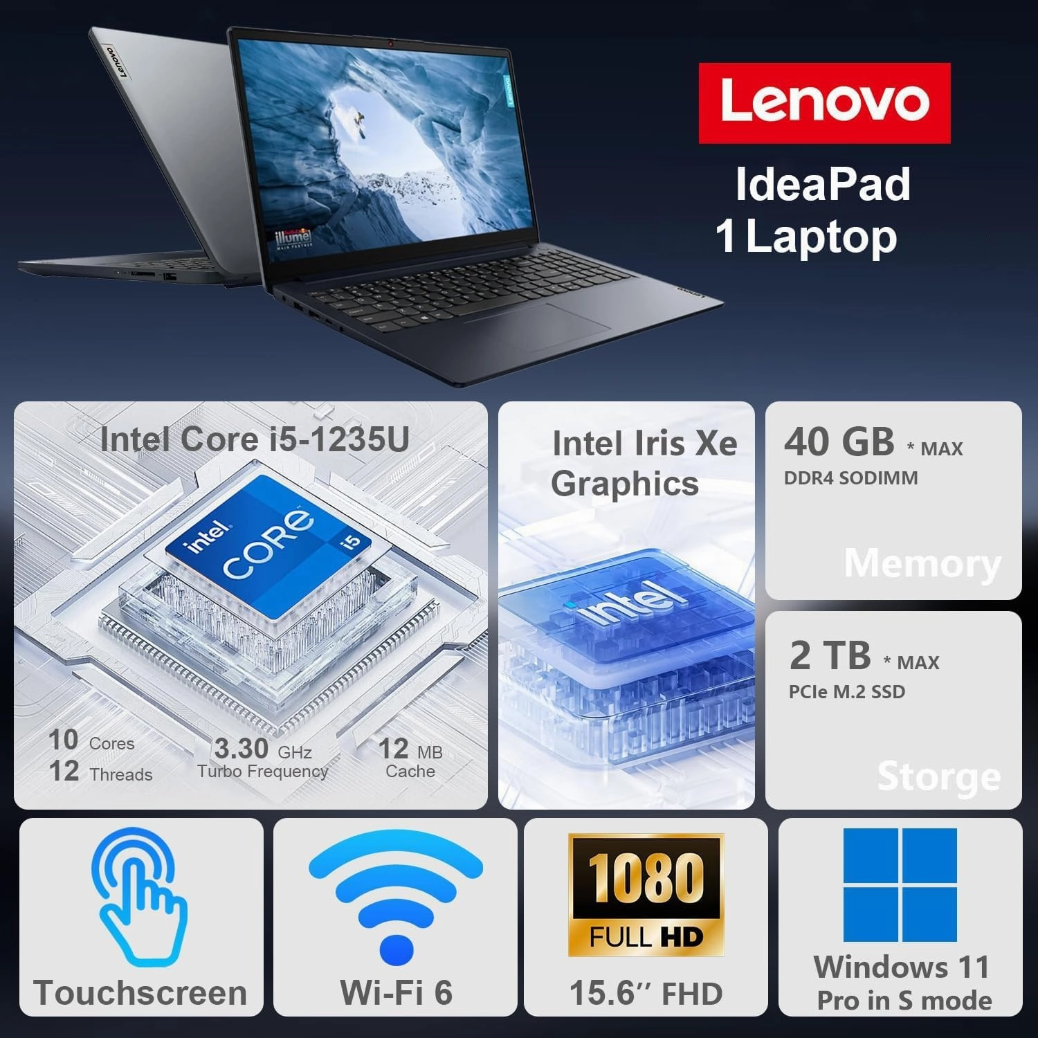 Lenovo IdeaPad 15.6" Touchscreen FHD Laptop Computer, 12th Gen Intel 10-Core i5-1235U (Beat i7-1195G7), 16GB DDR4 RAM, 512GB PCIe SSD, WiFi 6, Bluetooth 5.2, Abyss Blue, Windows 11 Pro S, Wendbo