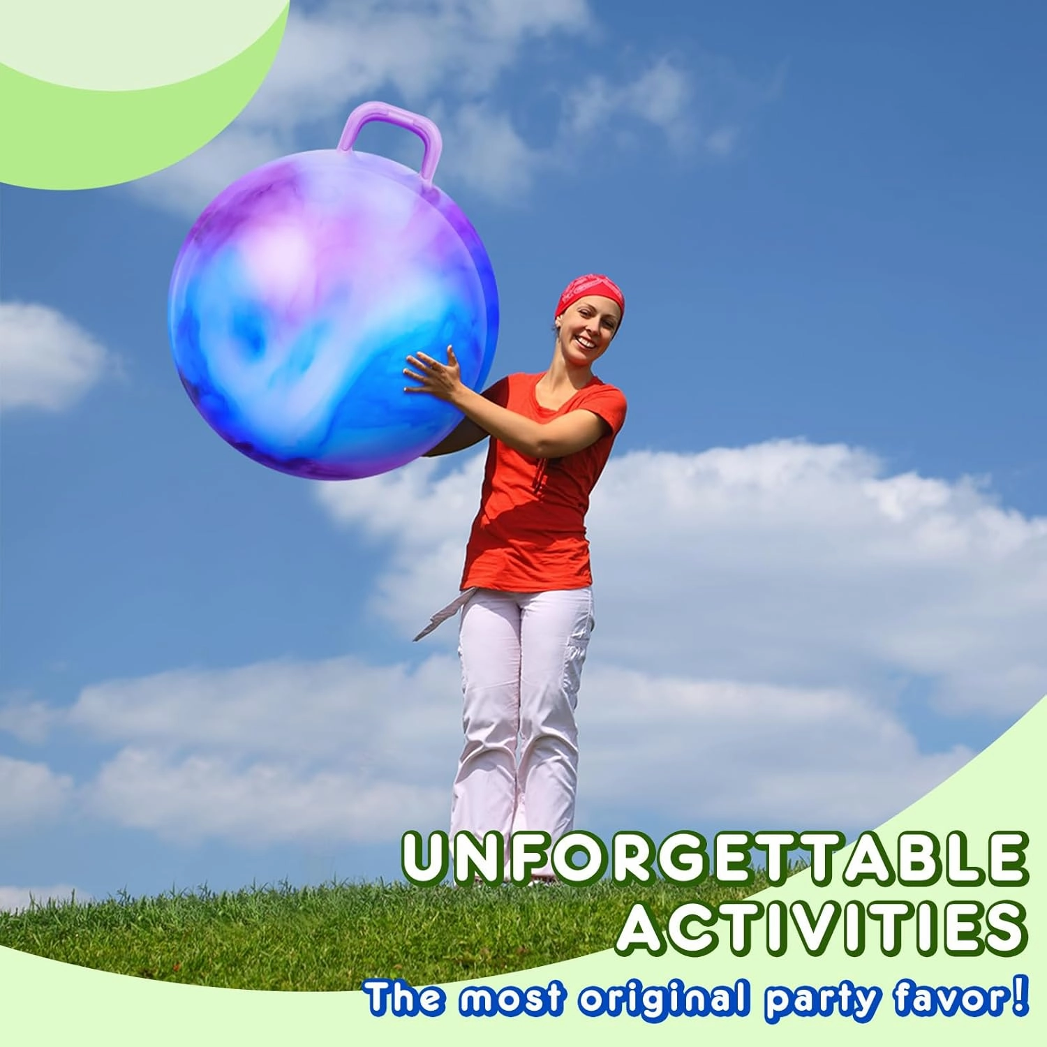 Lewtemi 2 Pcs 29 Inch Big Hopper Ball Jumping Hopping Inflatable Bouncing Ball with Handle and Air Pump for Adults Carnival Outdoor Sports Game(Blue Green Cloud, Blue Purple Cloud)
