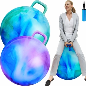 Lewtemi 2 Pcs 29 Inch Big Hopper Ball Jumping Hopping Inflatable Bouncing Ball with Handle and Air Pump for Adults Carnival Outdoor Sports Game(Blue Green Cloud, Blue Purple Cloud)