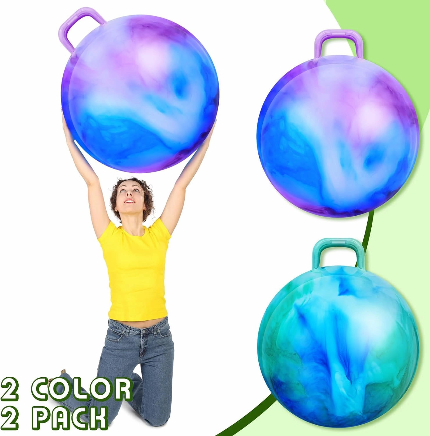 Lewtemi 2 Pcs 29 Inch Big Hopper Ball Jumping Hopping Inflatable Bouncing Ball with Handle and Air Pump for Adults Carnival Outdoor Sports Game(Blue Green Cloud, Blue Purple Cloud)