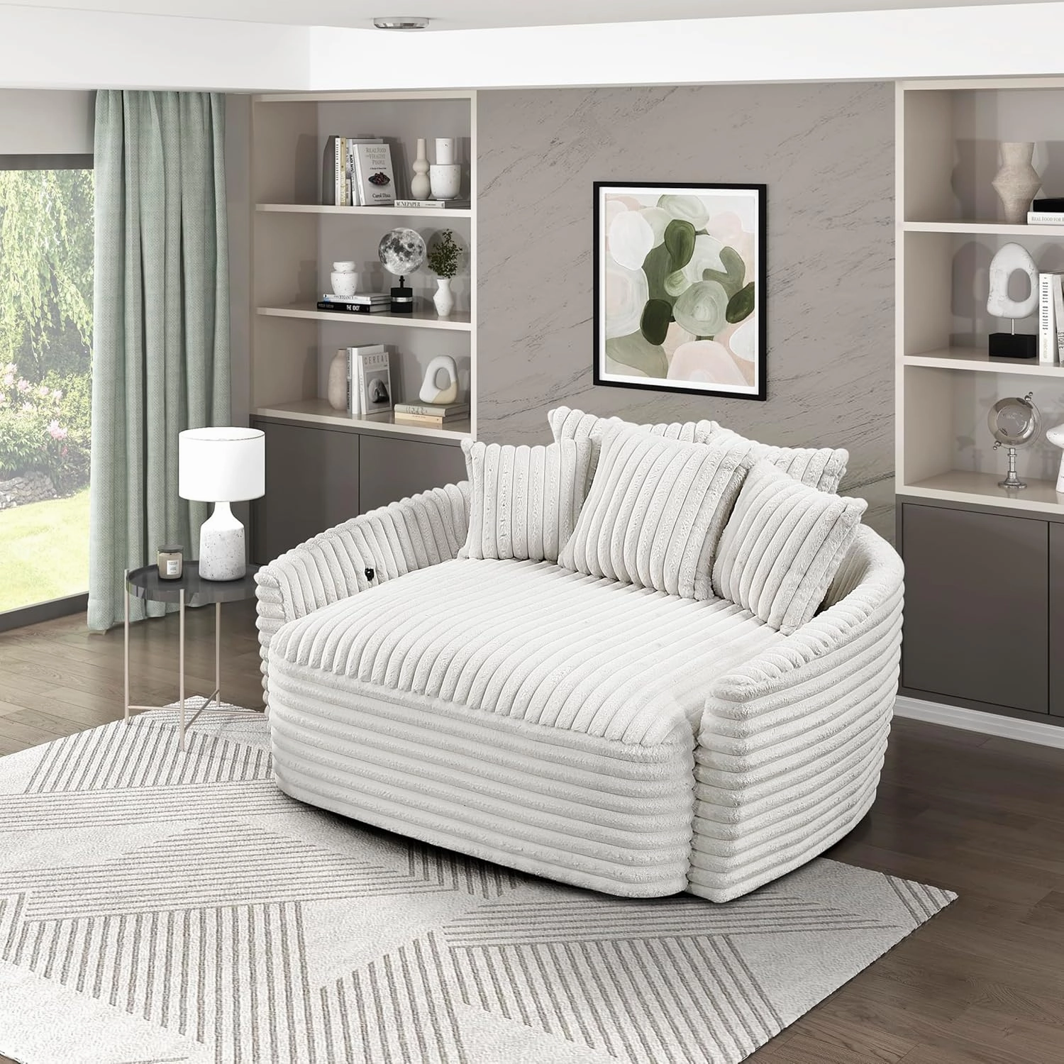 Lexicon 65.5 Inch Chaise Lounge Indoor, Oversized Chaise Lounge Chair, Corduroy Upholstered Sofa with USB Port & 5 Pillows, Single Sleeper Sofa Chair for Living Room/Bedroom, Beige