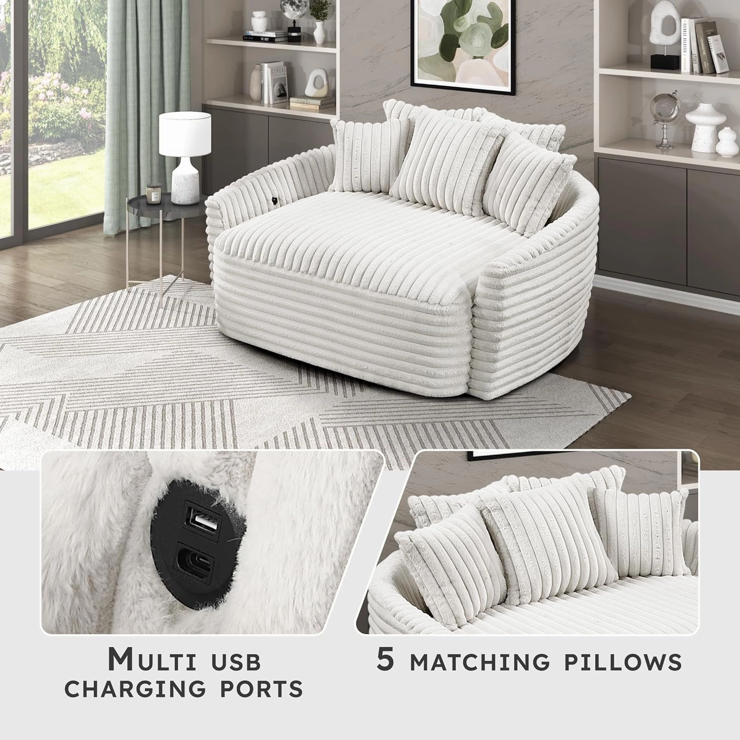 Lexicon 65.5 Inch Chaise Lounge Indoor, Oversized Chaise Lounge Chair, Corduroy Upholstered Sofa with USB Port & 5 Pillows, Single Sleeper Sofa Chair for Living Room/Bedroom, Beige