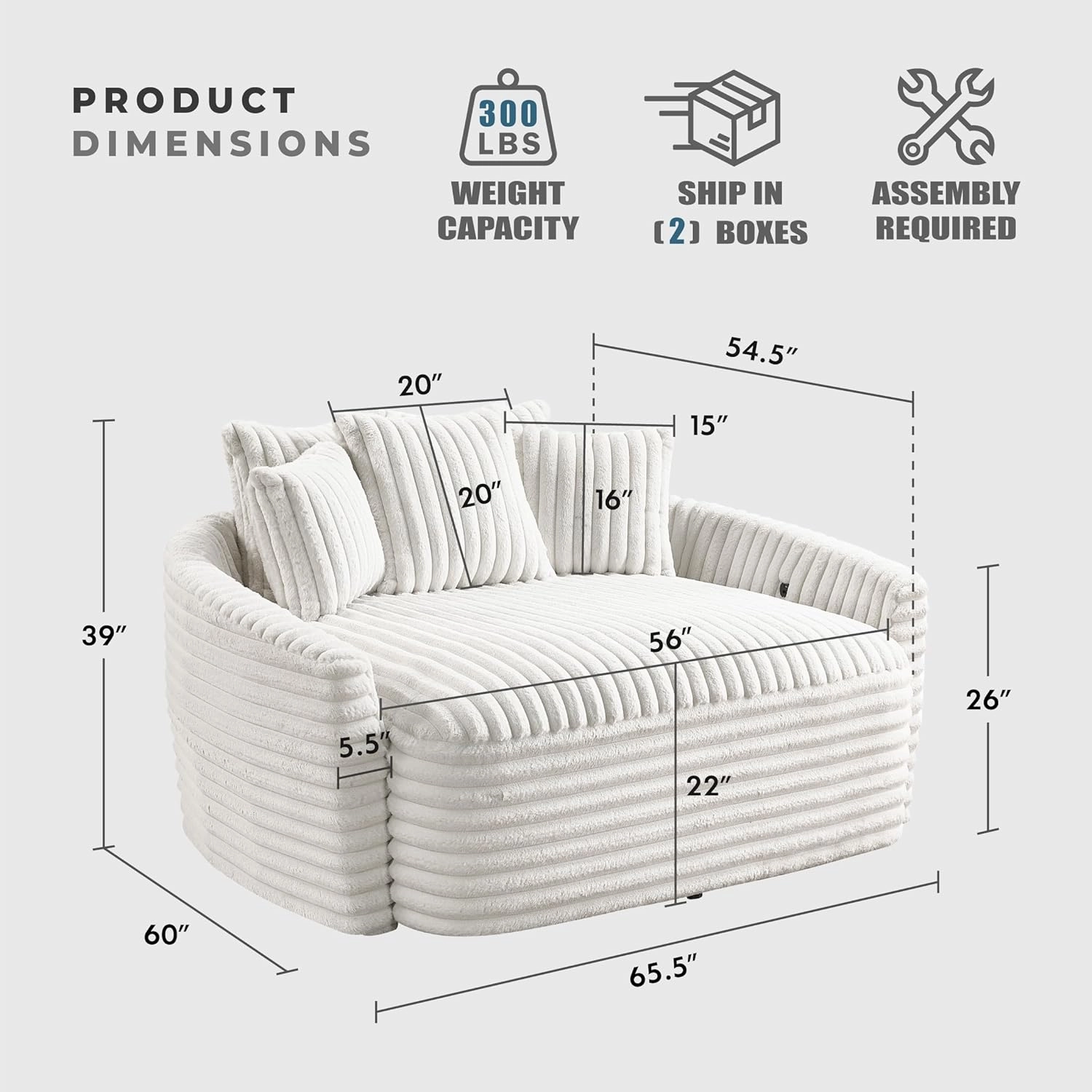 Lexicon 65.5 Inch Chaise Lounge Indoor, Oversized Chaise Lounge Chair, Corduroy Upholstered Sofa with USB Port & 5 Pillows, Single Sleeper Sofa Chair for Living Room/Bedroom, Beige