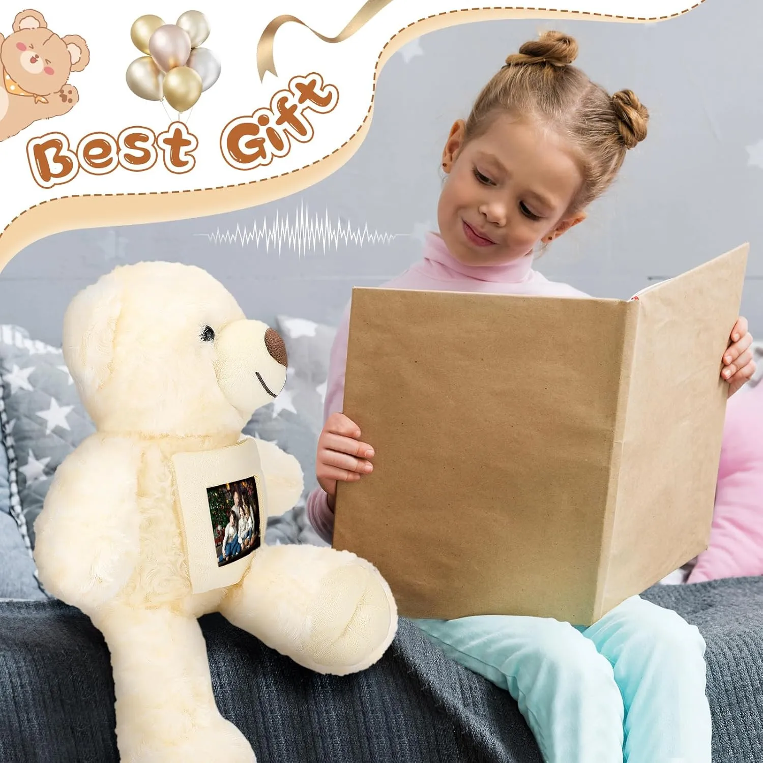Leyndo Bear with Voice Recording Remembrance Stuffed Animal with Picture Recordable Messages Memorial Toy for Baby Shower Birthday Gift, Recording Gifts(Beige, 18 Inch)