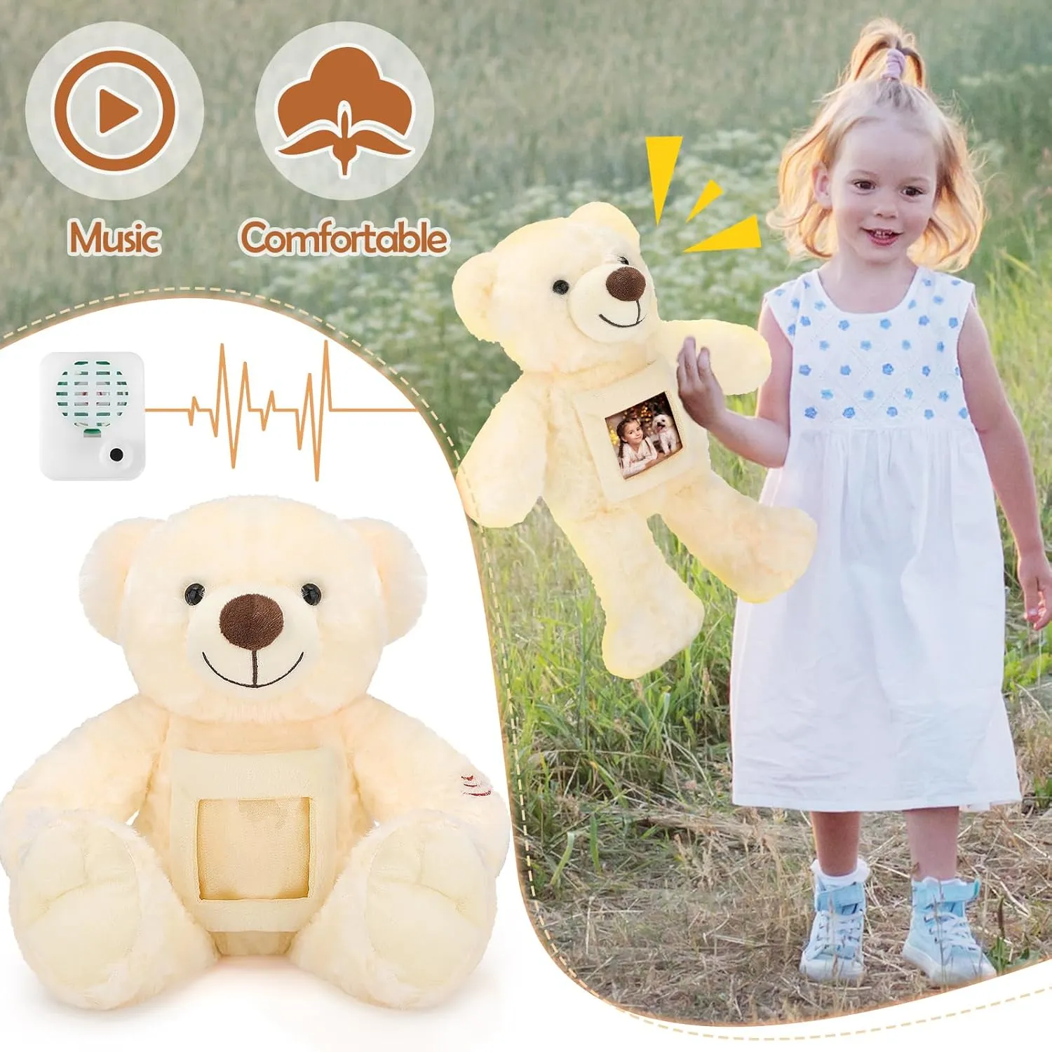 Leyndo Bear with Voice Recording Remembrance Stuffed Animal with Picture Recordable Messages Memorial Toy for Baby Shower Birthday Gift, Recording Gifts(Beige, 18 Inch)