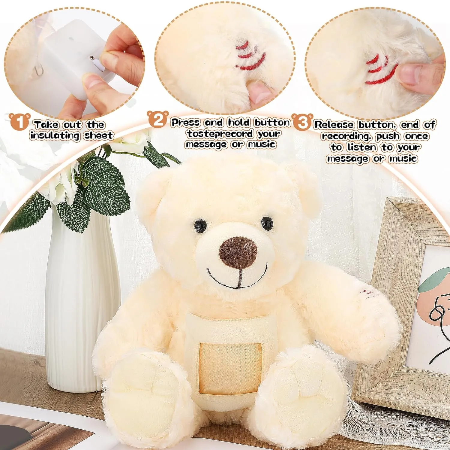 Leyndo Bear with Voice Recording Remembrance Stuffed Animal with Picture Recordable Messages Memorial Toy for Baby Shower Birthday Gift, Recording Gifts(Beige, 18 Inch)
