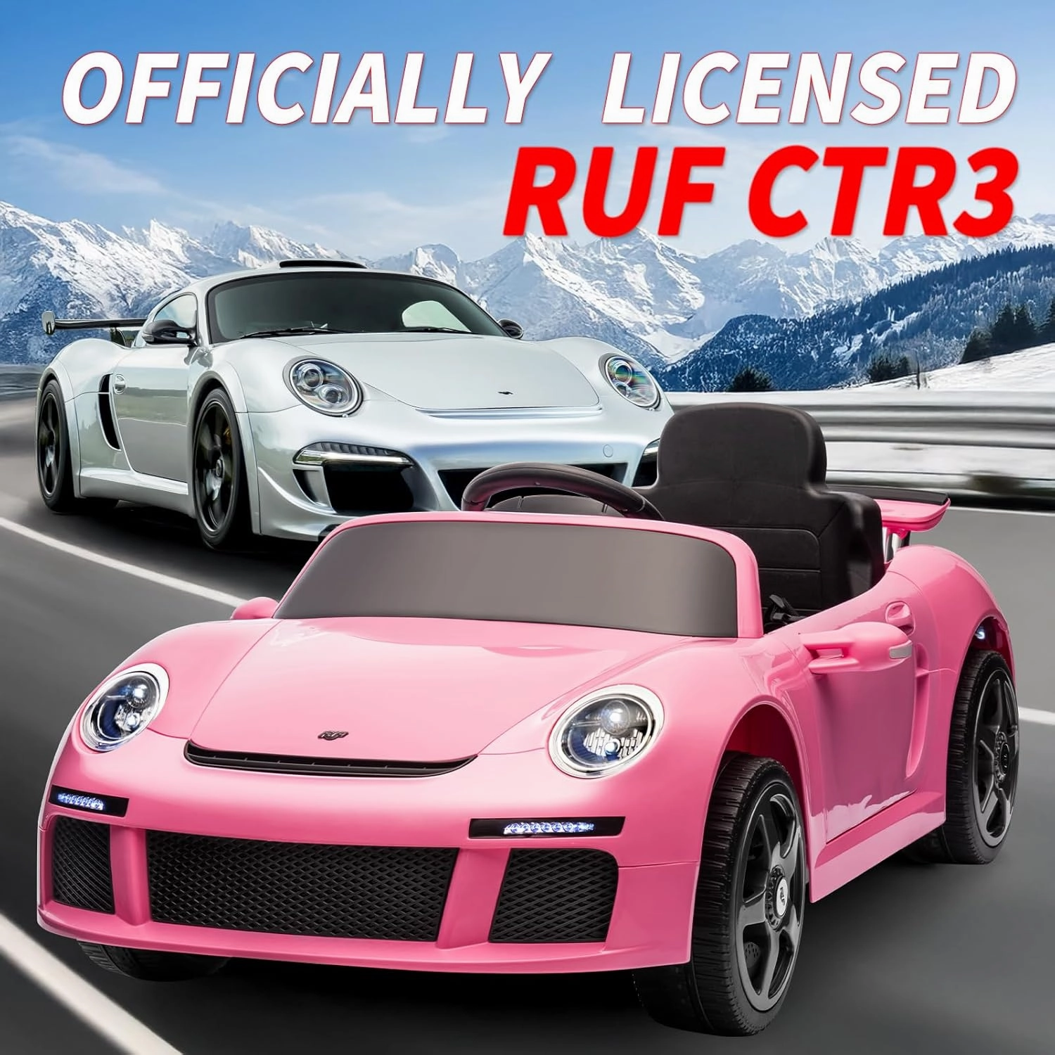 Licensed RUF CTR3 12V Kids Electric Car with Parent Remote Control, 2 Motors, 3 Speeds, LED Lights, MP3 Player | Battery Powered Ride-On Toy for Kids to Drive - Pink
