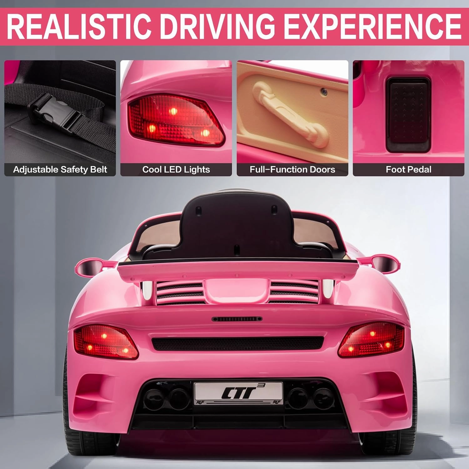 Licensed RUF CTR3 12V Kids Electric Car with Parent Remote Control, 2 Motors, 3 Speeds, LED Lights, MP3 Player | Battery Powered Ride-On Toy for Kids to Drive - Pink