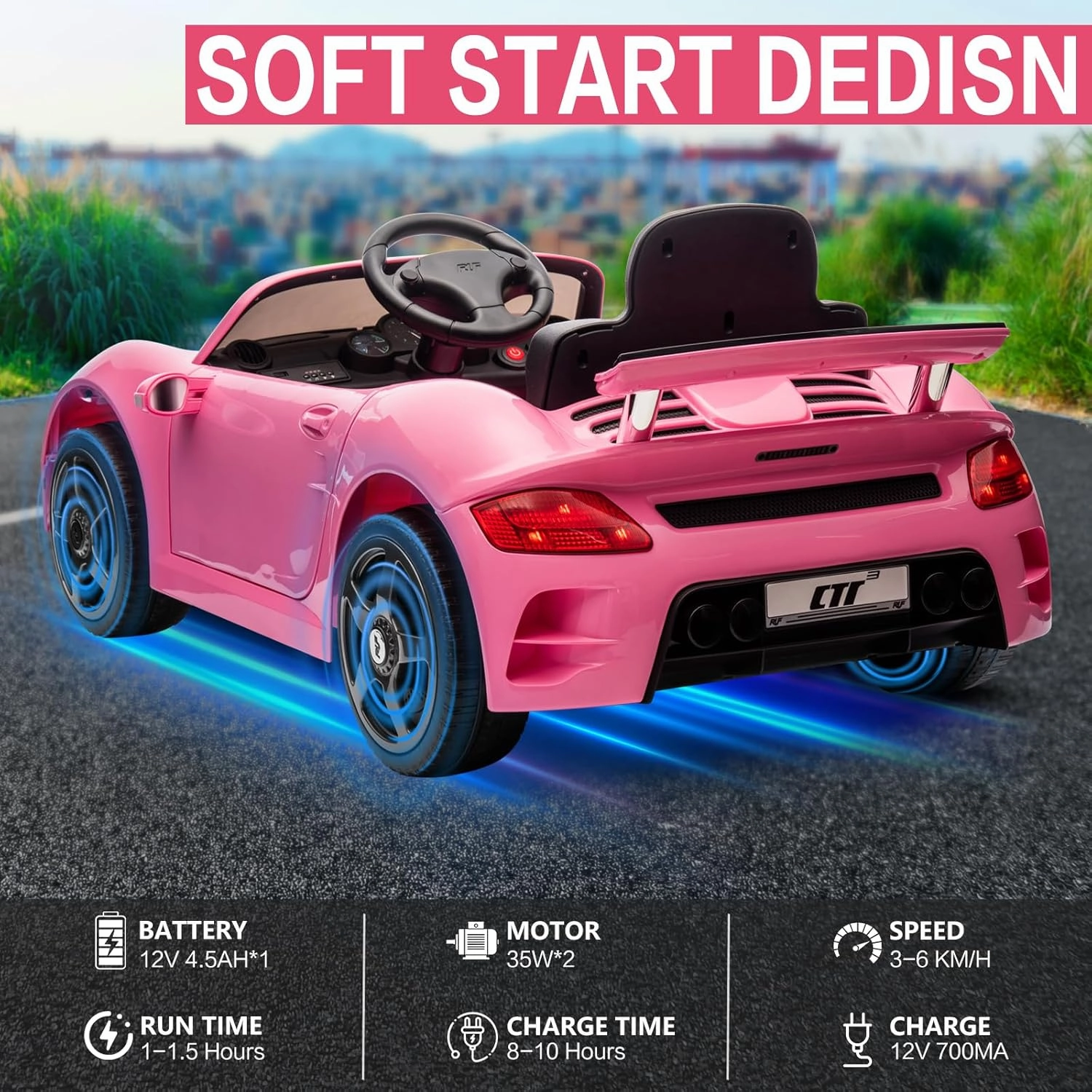 Licensed RUF CTR3 12V Kids Electric Car with Parent Remote Control, 2 Motors, 3 Speeds, LED Lights, MP3 Player | Battery Powered Ride-On Toy for Kids to Drive - Pink