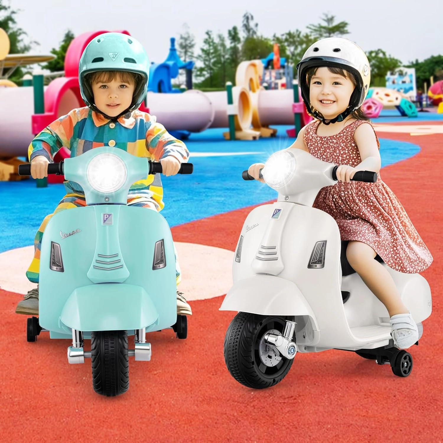 Licensed Vespa Scooter Kids Motorcycle by INFANS, 6V Battery Powered Motorbike for Toddlers with Training Wheels, Horn, LED Lights, Electric Ride on Toys for Boys Girls Aged 18-36 Months (Green)