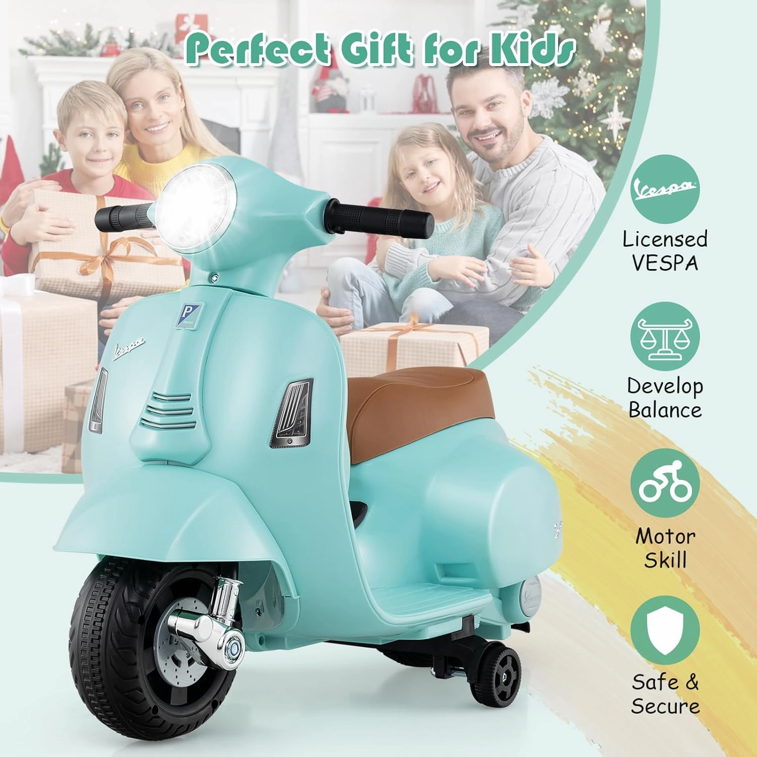Licensed Vespa Scooter Kids Motorcycle by INFANS, 6V Battery Powered Motorbike for Toddlers with Training Wheels, Horn, LED Lights, Electric Ride on Toys for Boys Girls Aged 18-36 Months (Green)