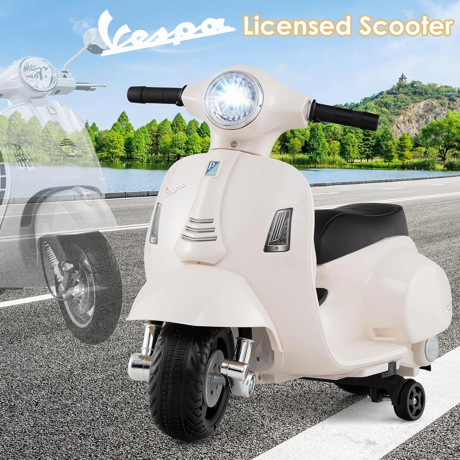 Licensed Vespa Scooter Kids Motorcycle by OLAKIDS, 6V Ride on Electric Motorcycle with Training Wheels, Headlight, Battery Powered 3 Wheels Toy Gift with LED Headlight Horn for Boys Girls (White)