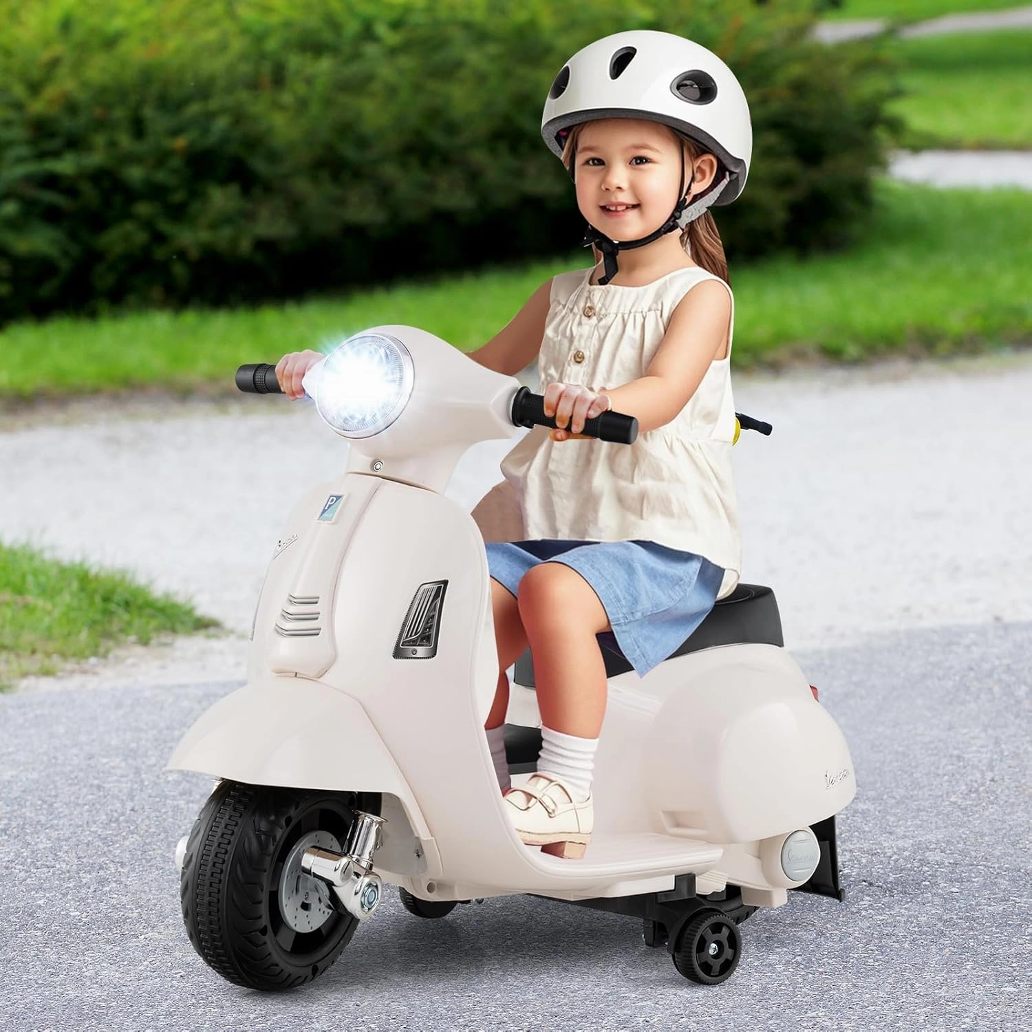 Licensed Vespa Scooter Kids Motorcycle by OLAKIDS, 6V Ride on Electric Motorcycle with Training Wheels, Headlight, Battery Powered 3 Wheels Toy Gift with LED Headlight Horn for Boys Girls (White)