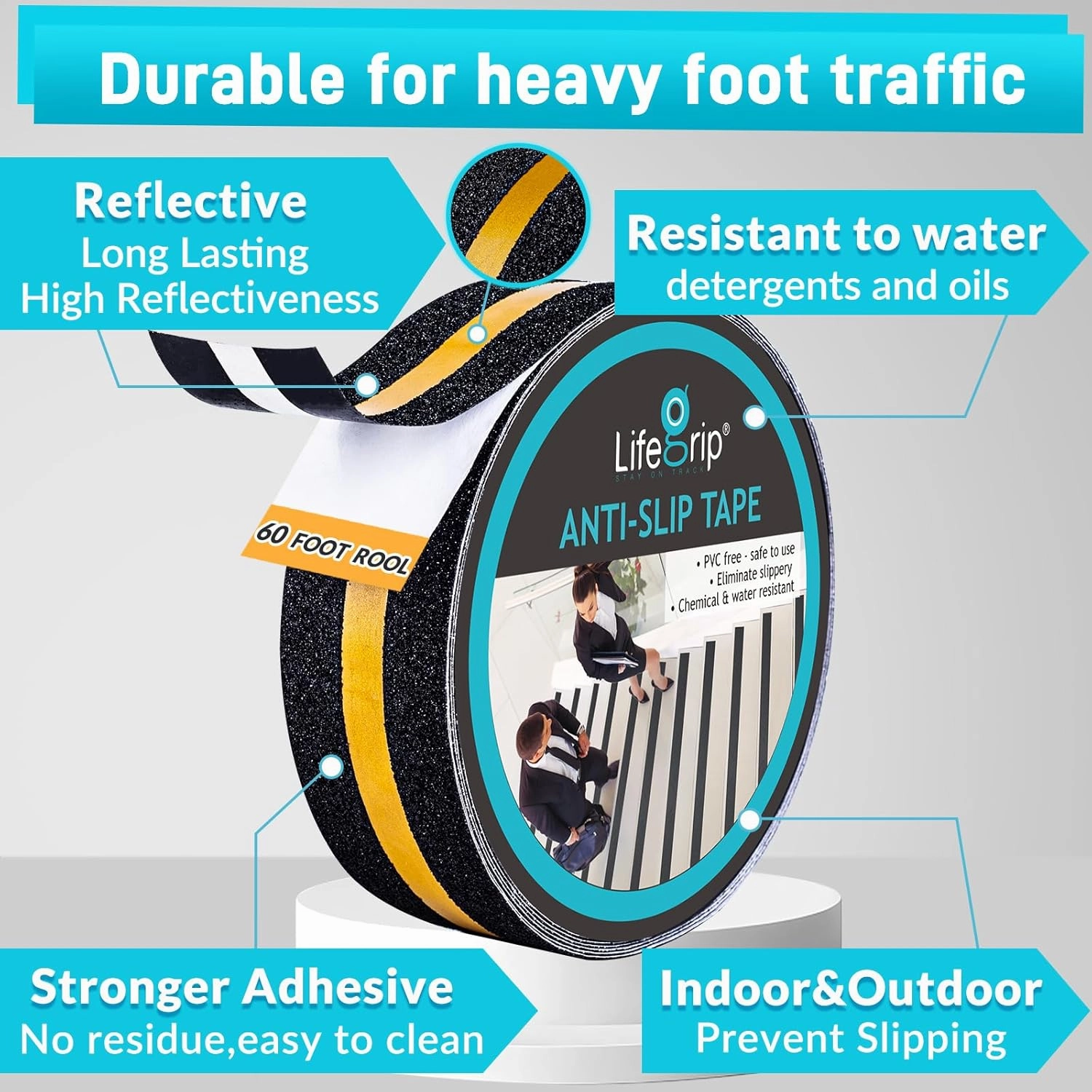 LifeGrip Anti Slip Traction Tape with Reflective Stripe, Best Grip, Friction, Abrasive Adhesive for Stairs, Tread Step, Indoor, Outdoor, Black (2" X 60')