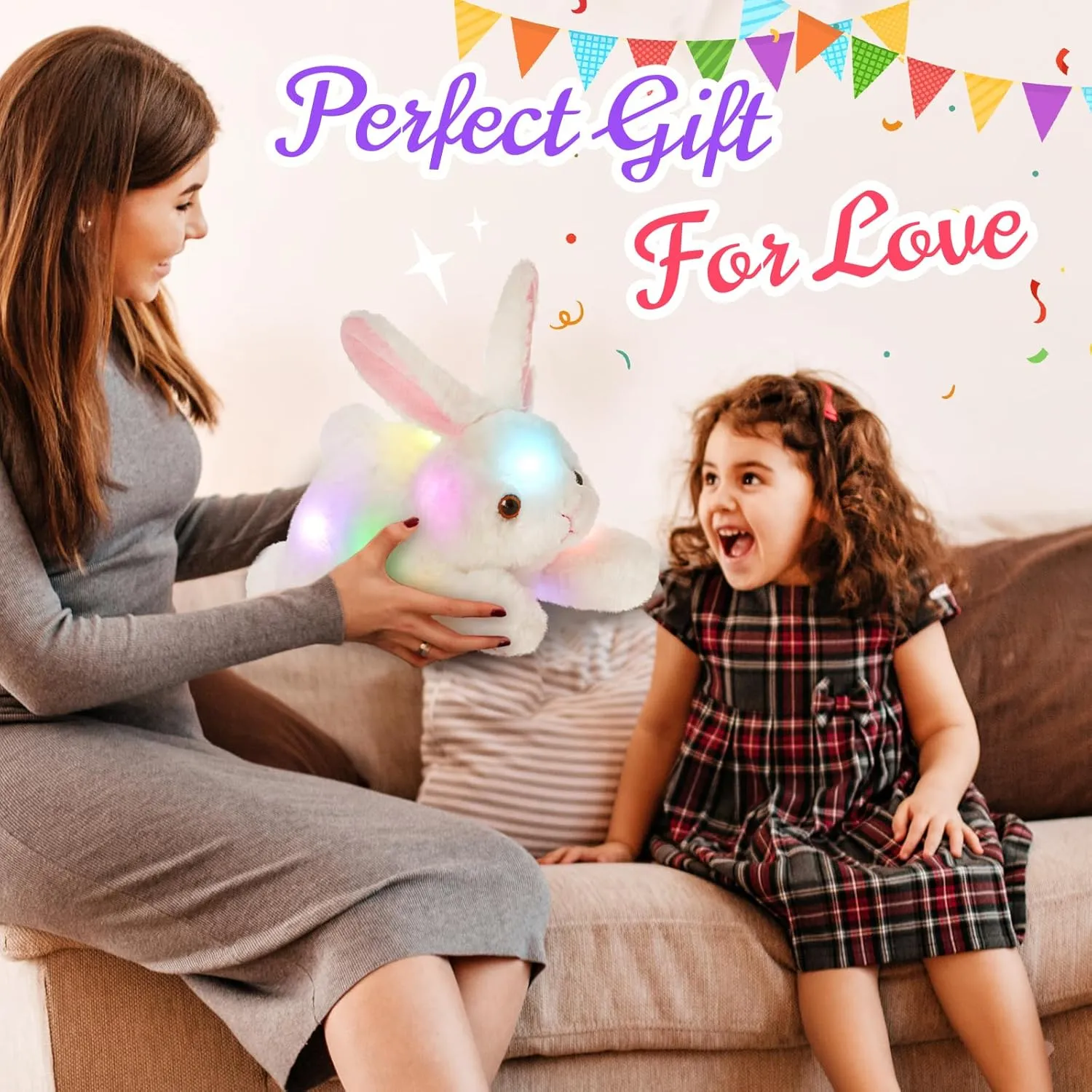Light up Plush Bunny Rabbit Stuffed Animal Rabbit Plushie Toy Glow in The Dark Bedtime Companion Easter Bunny Gift for Kids, 14’’Best Gifts for Easter Day(LED)