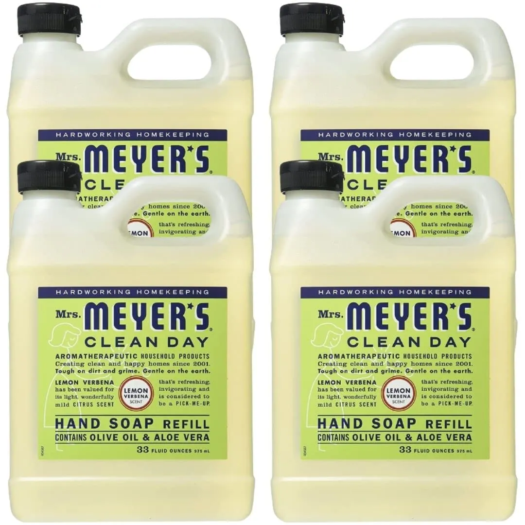 Liquid Hand Soap Refill, Cruelty Free and Biodegradable Formula, Herbal Free, Mass Skin Care, Non-Drying, Softening Cleanser, Lemon Verbena Scent, 33 OZ Each Pack, Pack of 4
