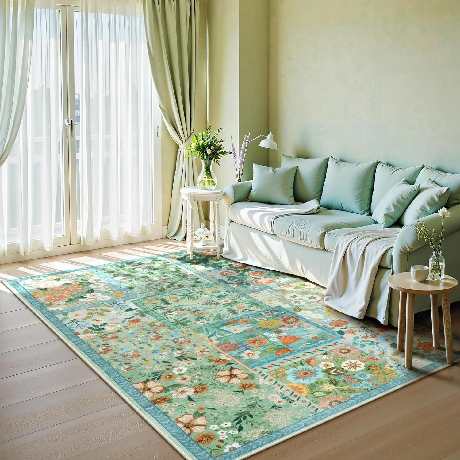 LIVEBOX 5 x 7 Area Rugs for Living Room, Soft Patchwork Light Green Area Rug for Bedroom, Non-Slip Machine Washable Area Rugs for Dining Room Office，Large Carpet Rug for Nursery Room