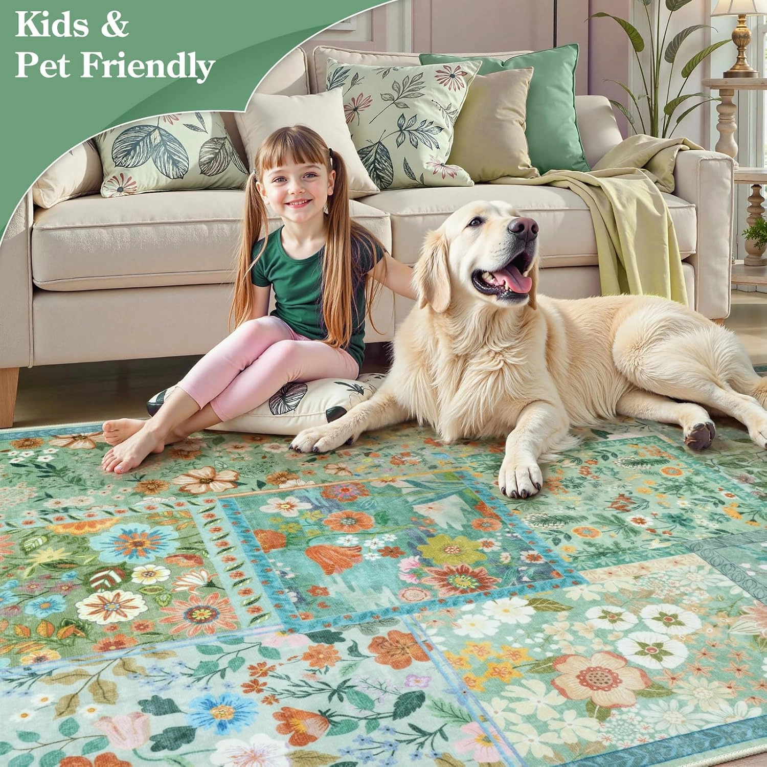 LIVEBOX 5 x 7 Area Rugs for Living Room, Soft Patchwork Light Green Area Rug for Bedroom, Non-Slip Machine Washable Area Rugs for Dining Room Office，Large Carpet Rug for Nursery Room
