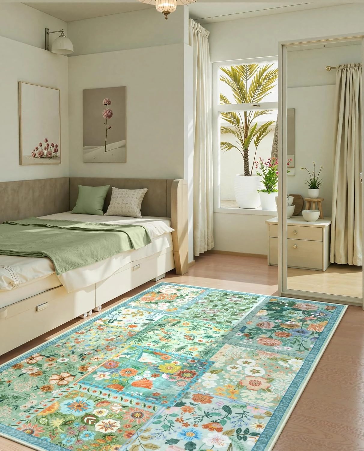 LIVEBOX 5 x 7 Area Rugs for Living Room, Soft Patchwork Light Green Area Rug for Bedroom, Non-Slip Machine Washable Area Rugs for Dining Room Office，Large Carpet Rug for Nursery Room