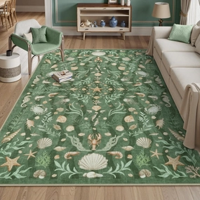 LIVEBOX Vintage Coastal Machine Washable 5x7 Area Rugs for Living Room, Non Slip Soft Green Low Pile Farmhouse Coastal Beach Kids Rugs for Bedroom Indoor, Carpet Rugs for Dining Room(5x7ft)