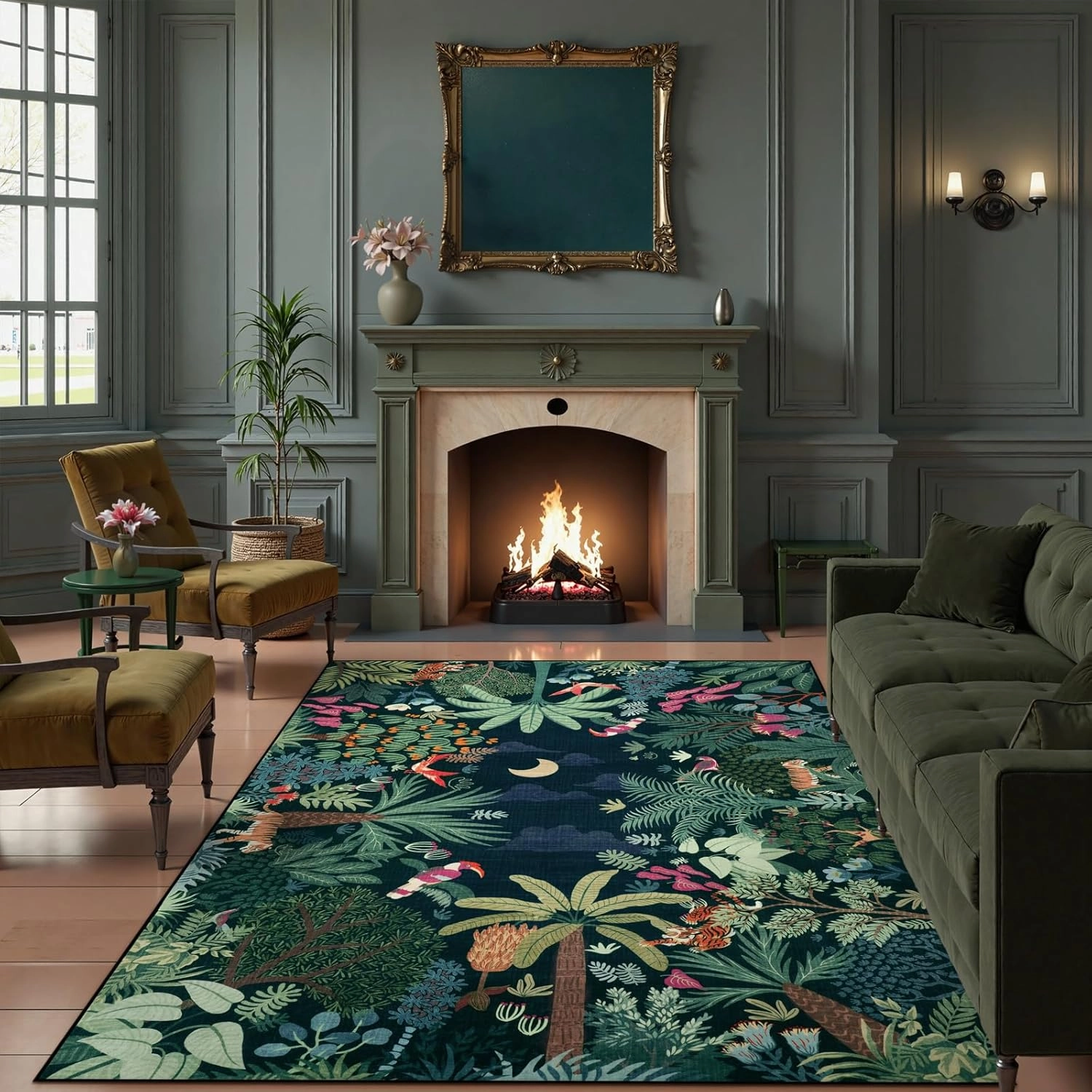 LIVEBOX Washable Jungle Dark Green Rug 5x7 for Living Room, Non-Slip Kids Bedroom Aesthetic Rug for Boy Play Room, Soft Stain Resistant Botanical Rugs for Nursery Dining Decor