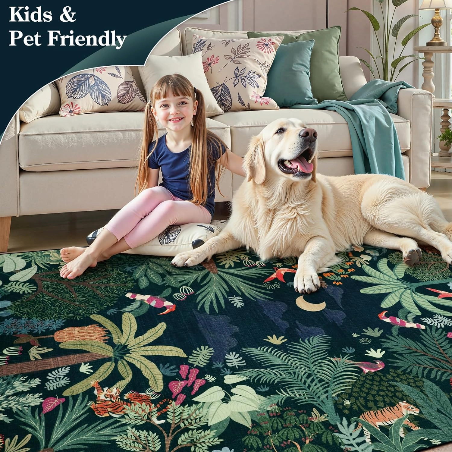 LIVEBOX Washable Jungle Dark Green Rug 5x7 for Living Room, Non-Slip Kids Bedroom Aesthetic Rug for Boy Play Room, Soft Stain Resistant Botanical Rugs for Nursery Dining Decor