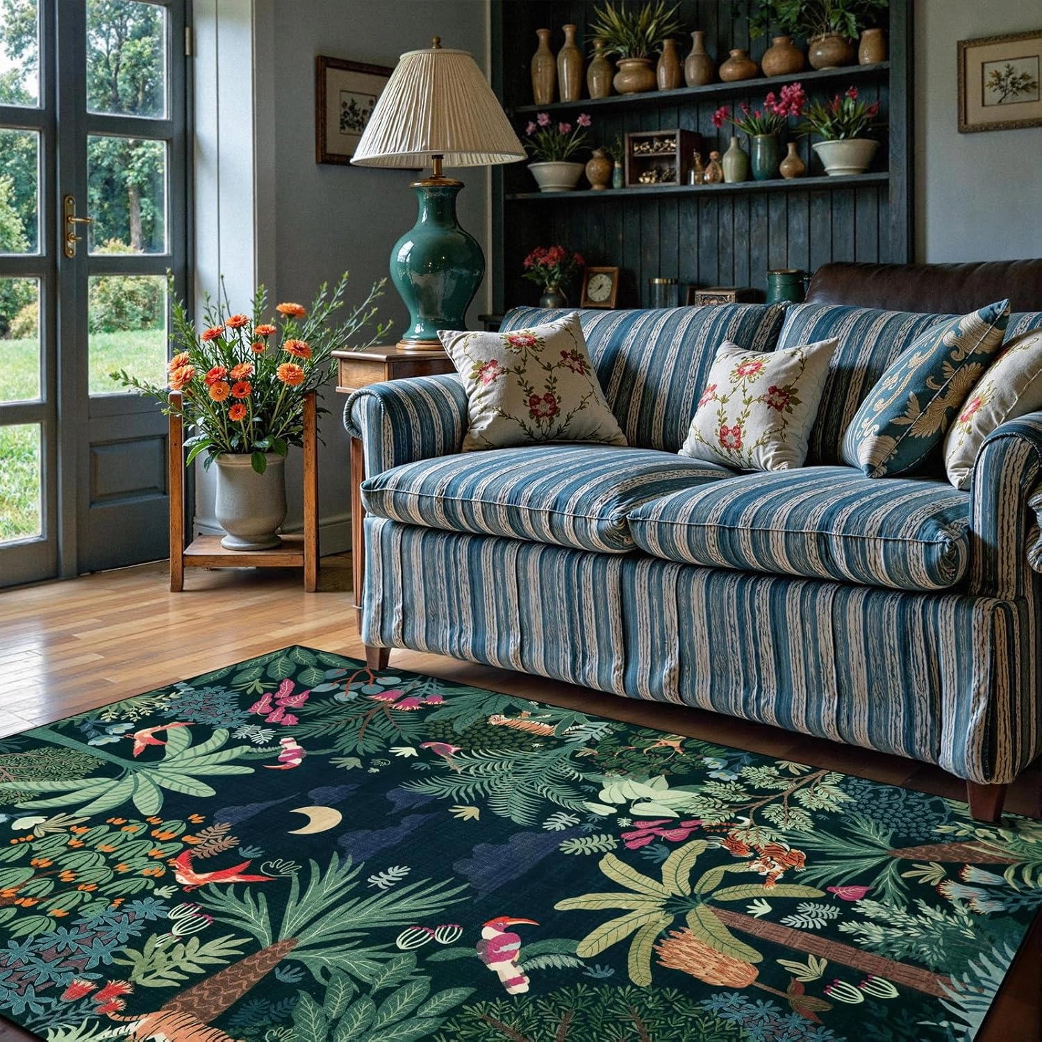 LIVEBOX Washable Jungle Dark Green Rug 5x7 for Living Room, Non-Slip Kids Bedroom Aesthetic Rug for Boy Play Room, Soft Stain Resistant Botanical Rugs for Nursery Dining Decor