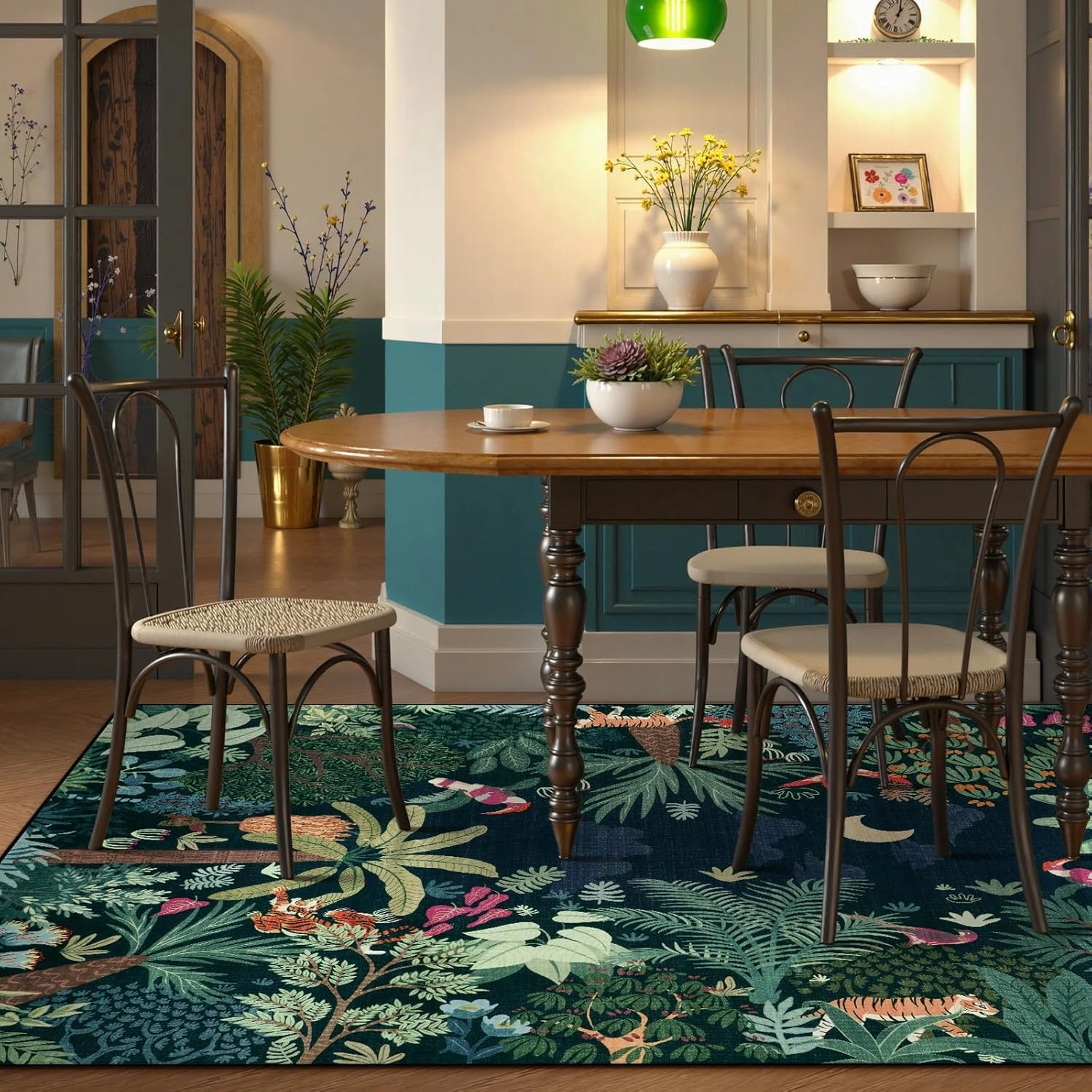 LIVEBOX Washable Jungle Dark Green Rug 5x7 for Living Room, Non-Slip Kids Bedroom Aesthetic Rug for Boy Play Room, Soft Stain Resistant Botanical Rugs for Nursery Dining Decor