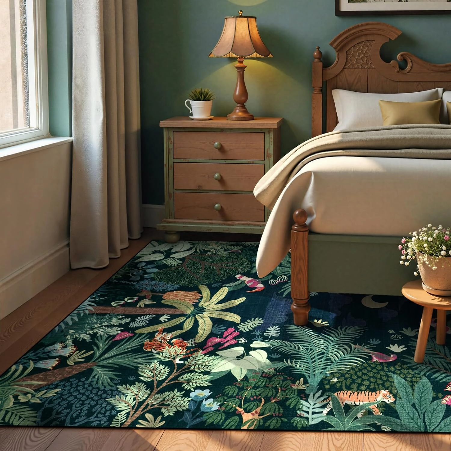 LIVEBOX Washable Jungle Dark Green Rug 5x7 for Living Room, Non-Slip Kids Bedroom Aesthetic Rug for Boy Play Room, Soft Stain Resistant Botanical Rugs for Nursery Dining Decor