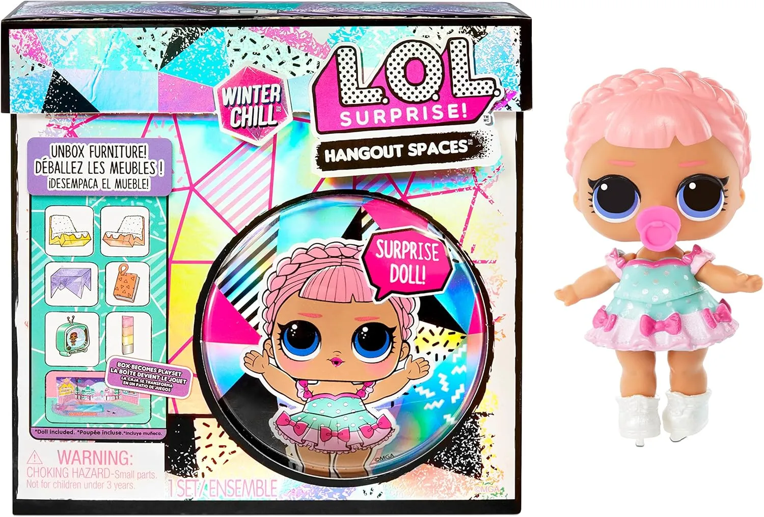 L.O.L. Surprise! Winter Chill Hangout Spaces Furniture Playset with Ice Sk8er Doll, 10  Surprises with Accessories, for LOL Dollhouse Play- Collectible Toy for Kids, Gift for Girls Boys Ages 4 5 6 7 