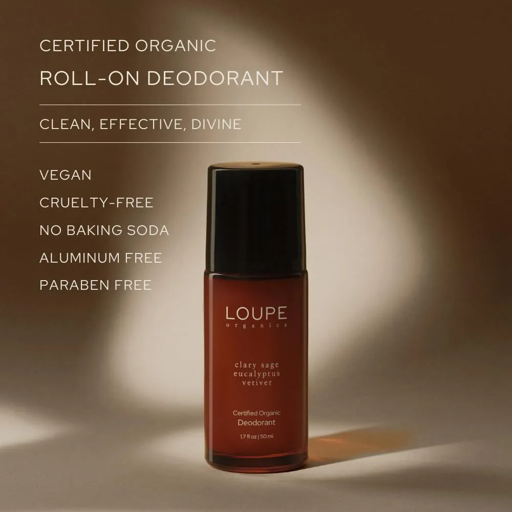 LOUPE | Upgraded Formula | Certified Organic Deodorant Roll-on | 100% Natural & Plant-Based, Unisex, Sensitive Skin | Scented with Organic Essential Oils | Clary Sage, Eucalyptus, Vetiver