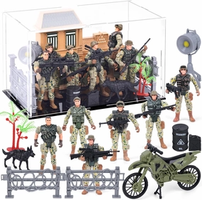 LovesTown 28PCS Army Men Toy Set with Acrylic Display Case, Joint Movable Military Action Figures 4" Special Operation Soldiers with Weapons