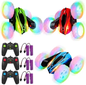 Lumiparty 3-Pack Remote Control Car Toys for Kids - 2.4GHz RC Stunt Cars with Wheel Lights - Drift High Speed 4WD Off-Road - Double Sided 360° Rotating Cars - Perfect for Boys and Girls