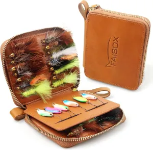 Lure Box Fly Fishing Leather Wallet Tackle Box Storage Spinner Bait Spoon Lures Flies Streamer Dry Fly Box Display Pocket Case Gifts for Men, Women (Lure FLy Wallet #A (Size: 4.5"x3.9"x 0.7"))