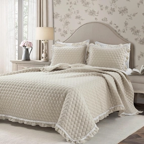 Lush Decor Ella Vintage Chic Ruffle Lace 3 Piece Quilt Set, Full/Queen, Neutral