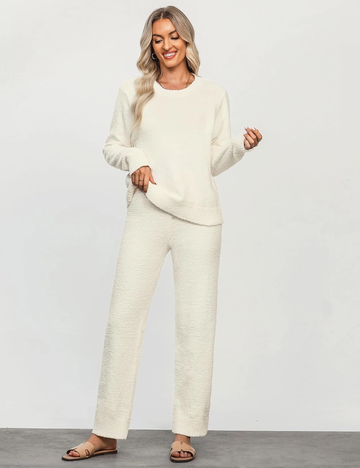 luvamia Women's Casual Pajama Set Fuzzy Fleece Knitted Long Sleeve Pj Loungewear
