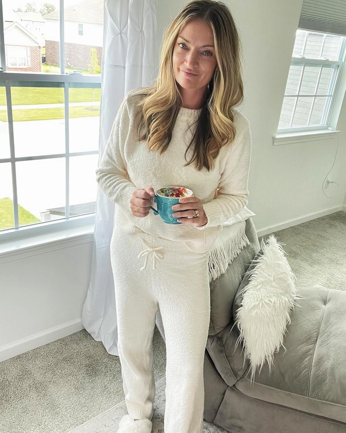 luvamia Women's Casual Pajama Set Fuzzy Fleece Knitted Long Sleeve Pj Loungewear
