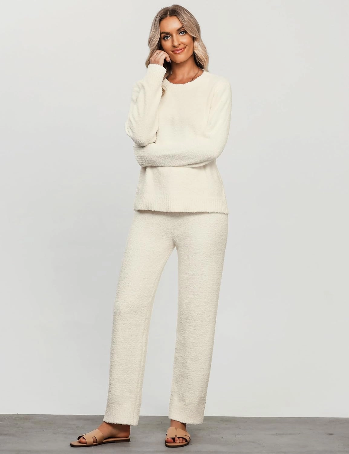 luvamia Women's Casual Pajama Set Fuzzy Fleece Knitted Long Sleeve Pj Loungewear