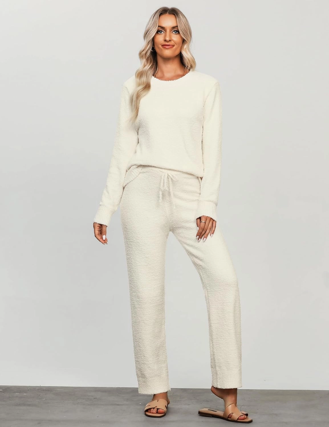 luvamia Women's Casual Pajama Set Fuzzy Fleece Knitted Long Sleeve Pj Loungewear