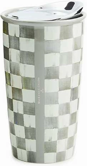 MACKENZIE-CHILDS Ceramic Travel Cup, Cute Tumbler Cup with Lid, 12 Ounces, Gray-and-White Sterling Check