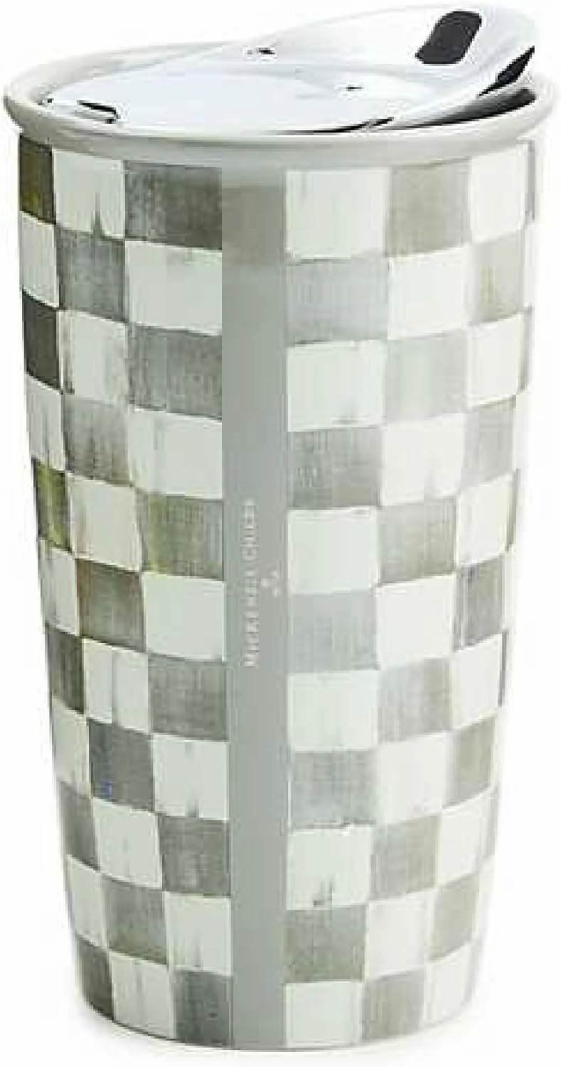 MACKENZIE-CHILDS Ceramic Travel Cup, Cute Tumbler Cup with Lid, 12 Ounces, Gray-and-White Sterling Check