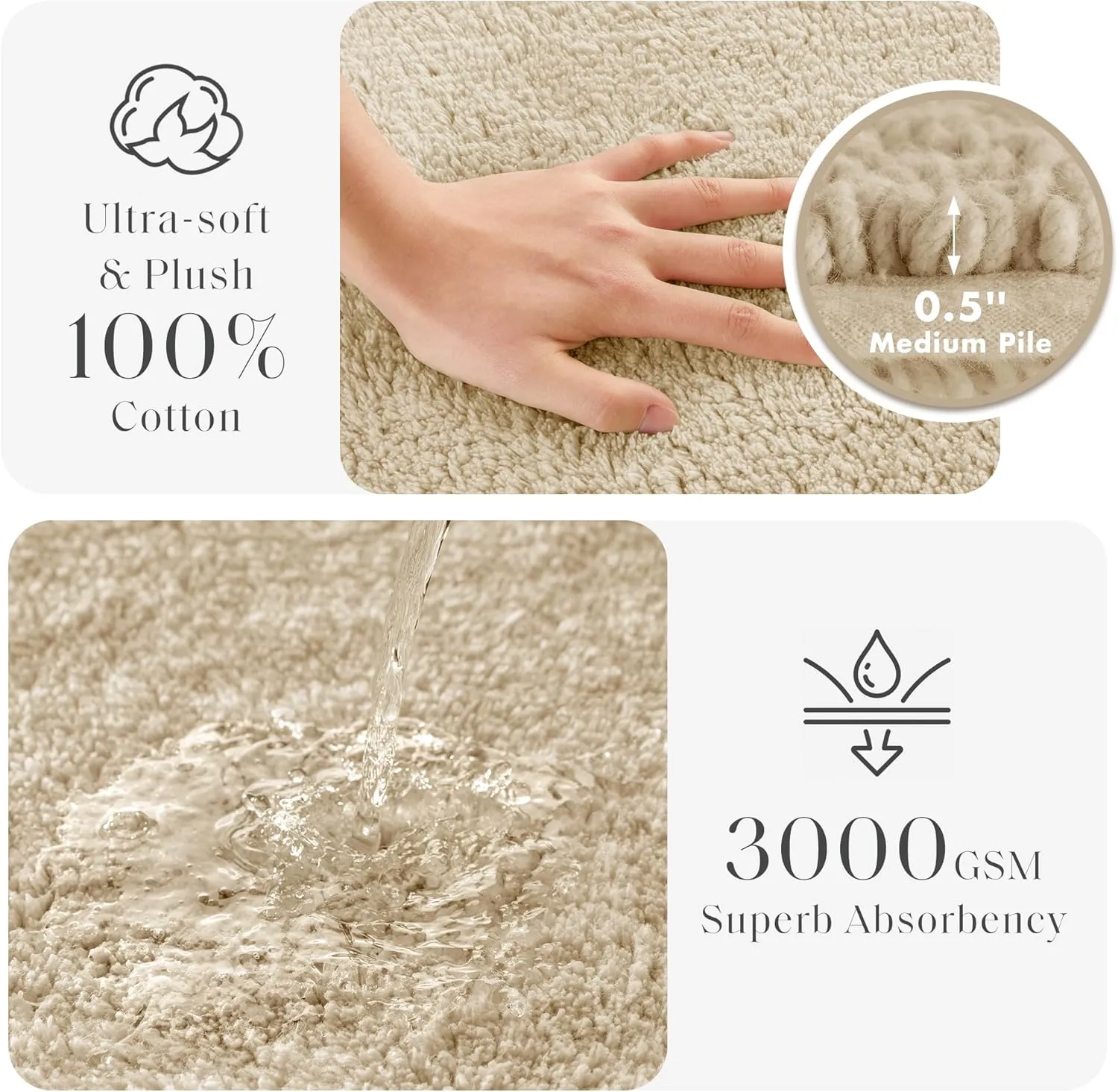 Madison Park Splendor Reversible 100% Cotton Tufted Bathroom Rug-3000 GSM Hotel Quality Luxurious Plush Medium Pile Bath Mat Absorbent, Quick Dry, Shower Room Décor, 21x34, Natural