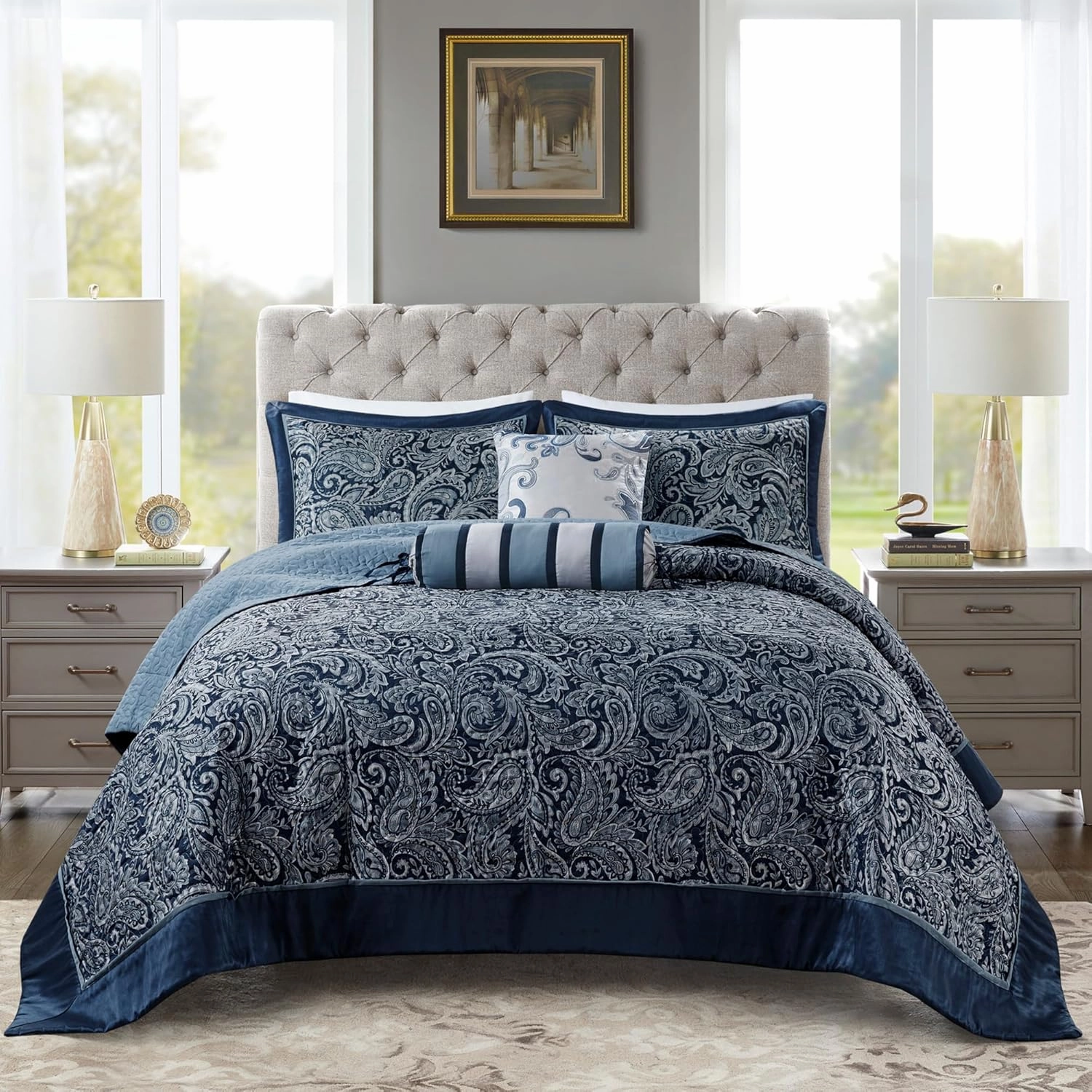 Madison Park Aubrey Reversible Quilted Bedspread Set, Solid Reverse Summer Breathable, Lightweight All Season Bedding Layer, Matching Shams, Bedspread King(120"x118"), Navy 5 Piece
