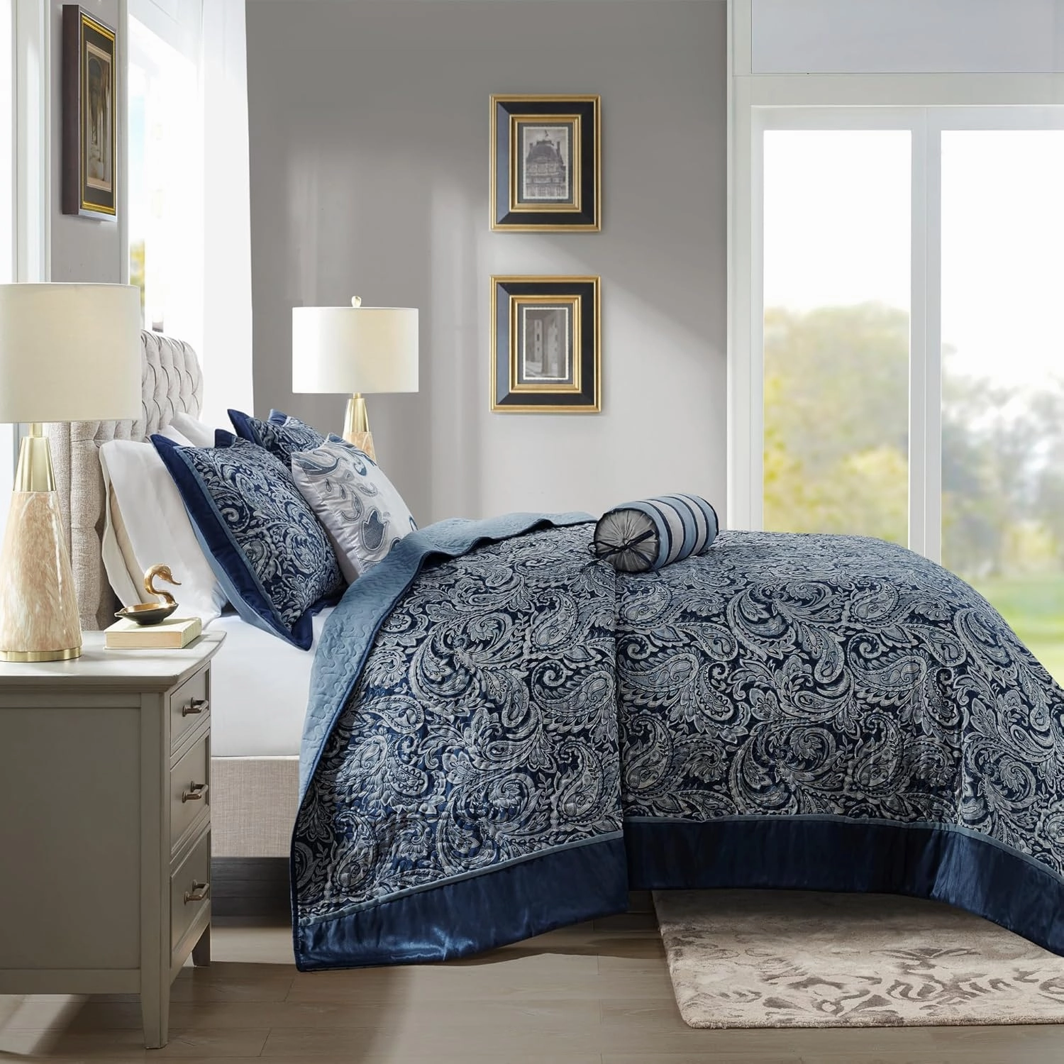 Madison Park Aubrey Reversible Quilted Bedspread Set, Solid Reverse Summer Breathable, Lightweight All Season Bedding Layer, Matching Shams, Bedspread King(120"x118"), Navy 5 Piece