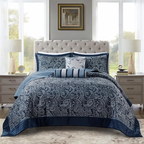 Madison Park Aubrey Reversible Quilted Bedspread Set, Solid Reverse Summer Breathable, Lightweight All Season Bedding Layer, Matching Shams, Bedspread King(120"x118"), Navy 5 Piece